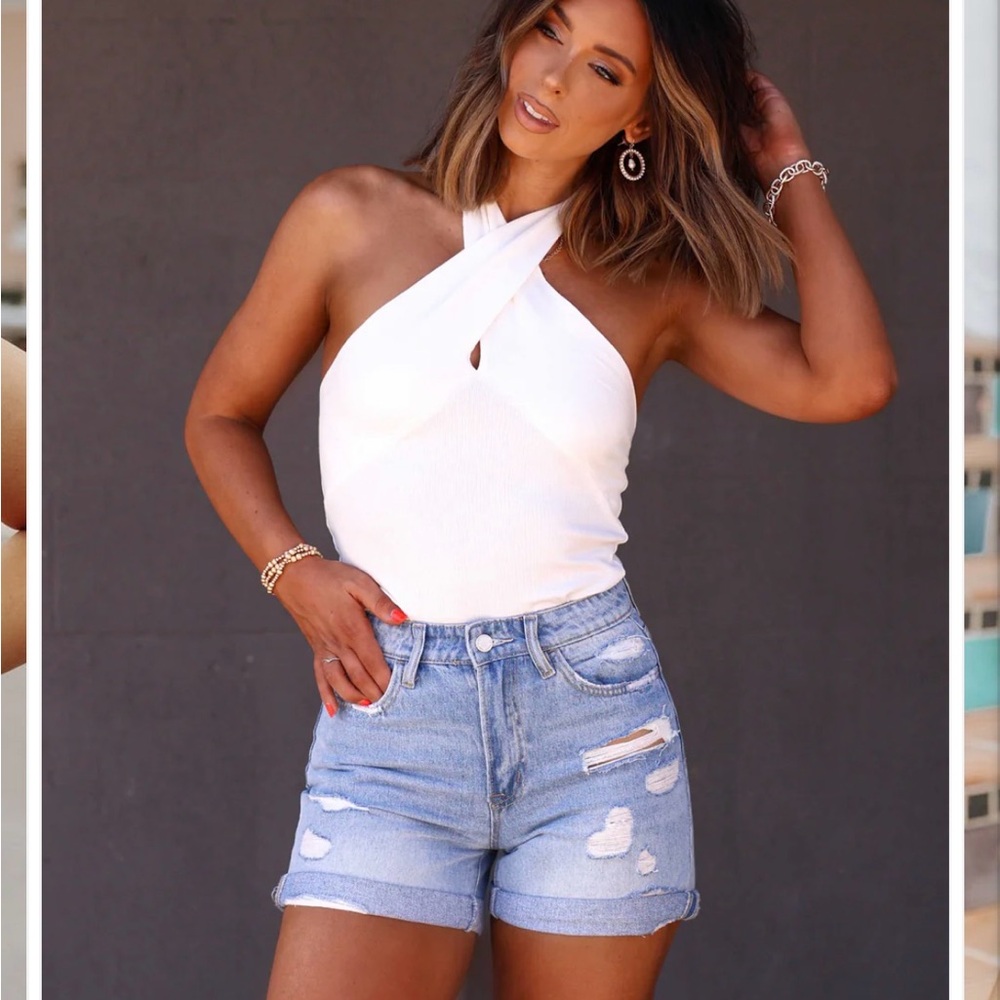 Cross Front Halter Ribbed Bodysuit nwt